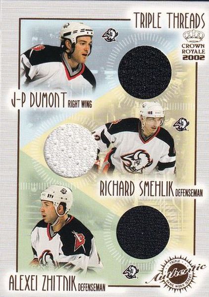 jersey karta DUMONT/ŠMEHLÍK/ZHITNIK 01-02 Crown Royale Triple Threads Jersey číslo 5